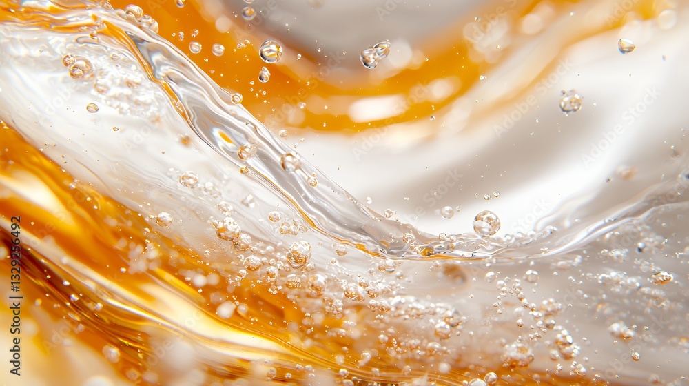 Poster liquid flowing with bubbles abstract background in motion macro shot