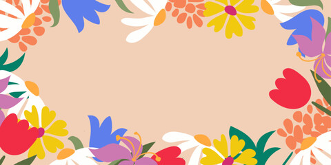 Spring background frame with blooming flowers in vector, flat style.