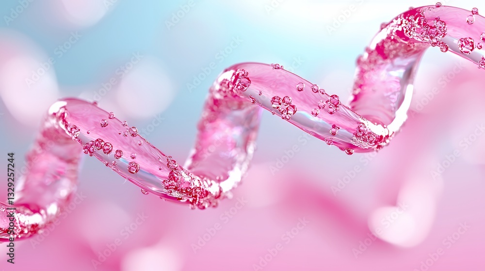 Poster pink liquid spiral with bubbles flowing dynamically in soft background