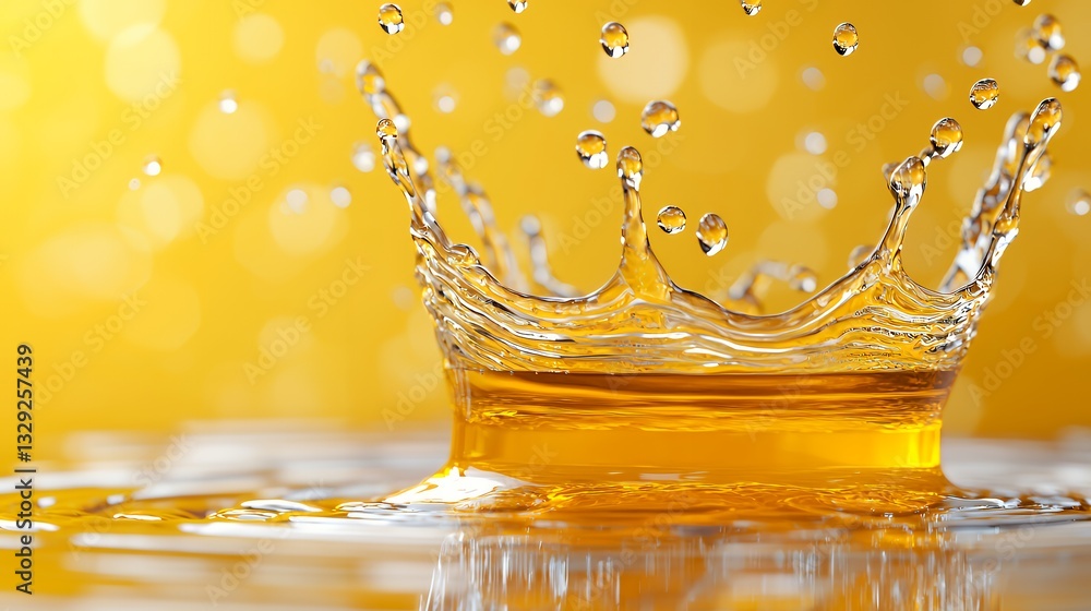 Poster liquid splashing creating crown shape on reflective surface with bokeh background