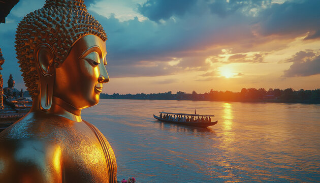 lord buddha statue at river side - Powered by Adobe