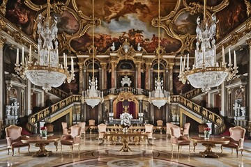 Obraz premium Opulent Palace Ballroom Gilded Chandeliers, Baroque Architecture, Royal Grandeur