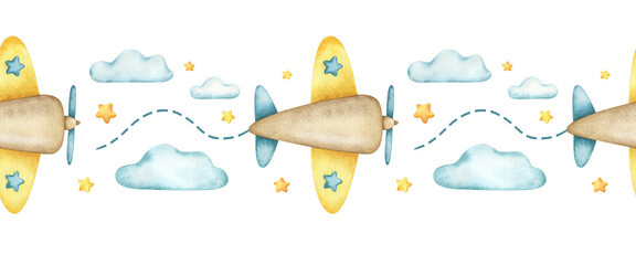 Airplane toy with propeller flying among clouds and stars. Isolated watercolor seamless border of baby aircraft. Background of Air Transport for children goods design, textile, bed linen, wallpaper
