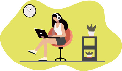 A girl is sitting at the laptop in headphones and working on it at her home office, flat design vector