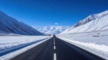 A high-altitude road with breathtaking snowy peaks on both sides under a clear blue sky