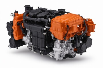Advanced hybrid electric and fuel powered engine with orange and black components showcasing modern sustainable automotive technology efficiency and industrial power system