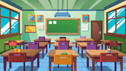 Empty classroom with wooden desks, colorful chairs, a green chalkboard, and large windows letting in natural light, creating a warm and inviting learning environment