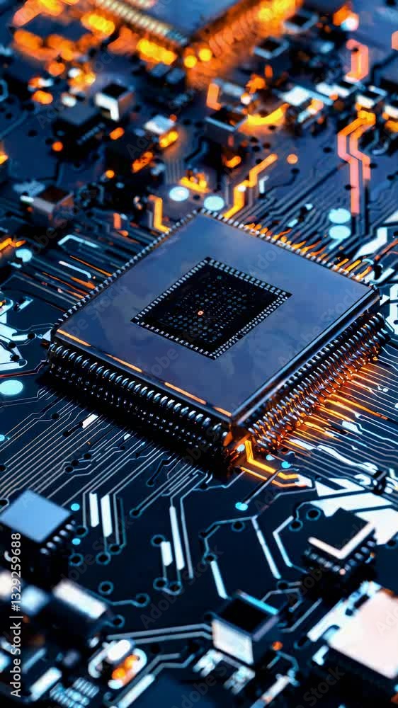 Poster data pathways illuminate blue mainboard surface. orange glow pulses through electronic circuitry on 