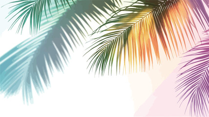 Fototapeta premium Close-up image of several palm fronds arranged against a bright white background. The fronds are depicted in a variety of pastel and bright colors, including teal, green, yellow, and purple hues.