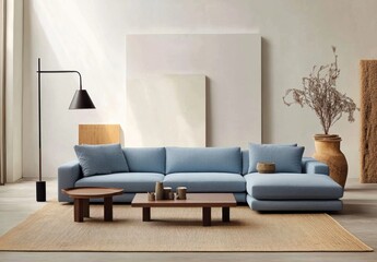 Modern light blue sectional sofa in minimalist living room.