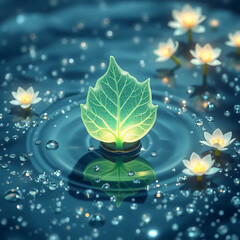 Water lily flower with leaves and dew drops in a serene pond