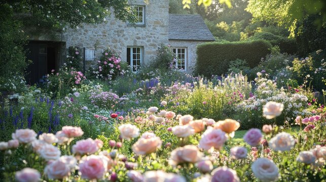 Idyllic cottage garden with blooming roses in sunlight.