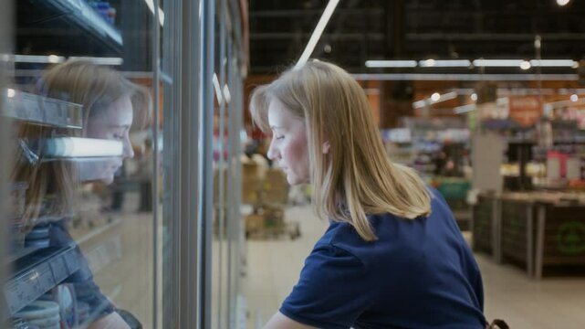 Side view shot of female supermarket worker doing stock review in supermarket and scanning items in freezer section