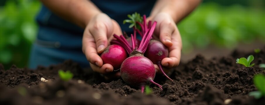 Hands harvesting ripe beetroot from garden soil, organic, beetroot