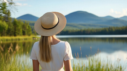 Fototapeta premium young woman standing at lake side, wearing a hat and looking at the beautiful mountains