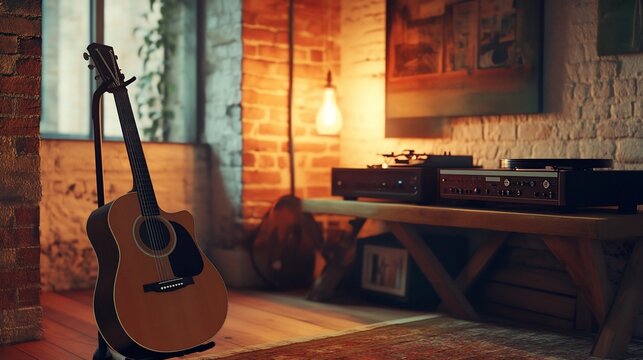 Acoustic guitar in a cozy music room with vintage stereo and brick wall.