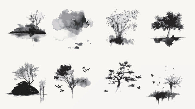 The image contains a collection of eight separate illustrations. Each depicts a stylized tree or small landscape rendered in a black ink wash painting style. The style is minimalist, using