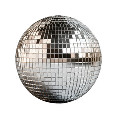 Reflective silver disco ball with mirrored tiles on black background, cut out