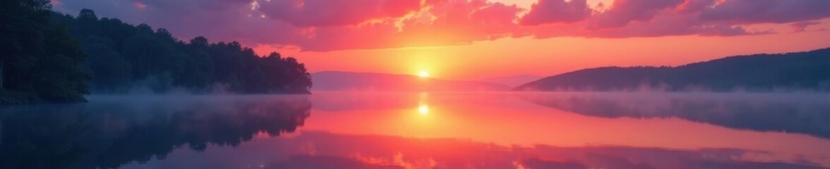 Fototapeta premium Misty sunrise over tranquil lake, reflecting vibrant colors , tranquil, sky