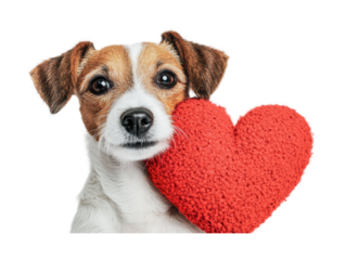 Adorable jack russell terrier holding red heart plush in mouth, cut out