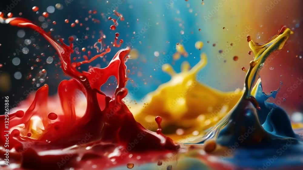 Poster Vibrant Paint Splashes in a Colorful Display Showcasing Movement and Creativity in a Dynamic Setting