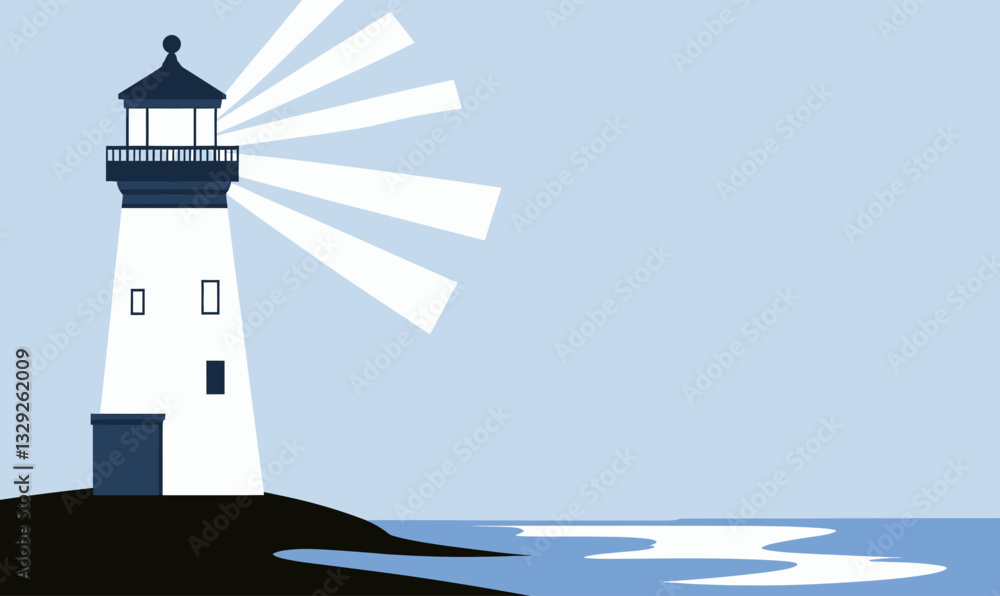 Poster minimalist nautical lighthouse vector with ocean waves and light rays for advertisements