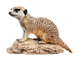 Alert meerkat standing on rock with textured fur and unique markings, cut out