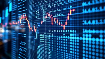 A dynamic display of stock market data with fluctuating graphs and charts in a vibrant urban finance area during the nighttime, showcasing live trading activity and market trends - Powered by Adobe