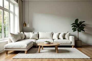 Neutral palette, textured rug, farmhouse chic details Inviting modern living space , cozy, space