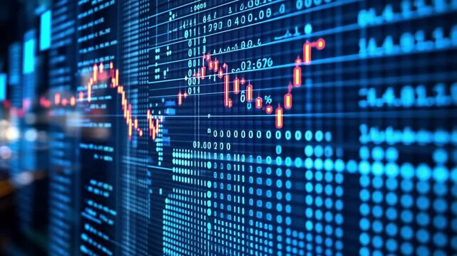 A dynamic display of stock market data with fluctuating graphs and charts in a vibrant urban finance area during the nighttime, showcasing live trading activity and market trends