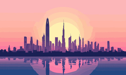 Sunset Dubai Skyline Minimalist Vector Illustration for Travel Inspiration