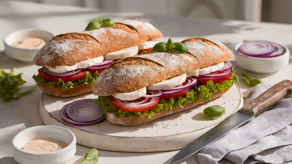 Sandwich scene with two fresh whole grain baguettes, flour-dusted and filled with vibrant ingredients, offers a hearty, flavorful bite in a rustic, wholesome display