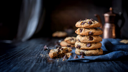 Stack of golden brown chocolate chip cookies, warm and gooey, offers a classic blend of sweet...
