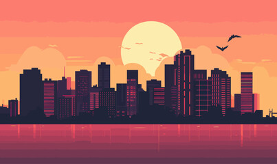 Minimalistic Sunset Cityscape Vector Illustration with Silhouette Buildings