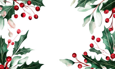 Minimalist Christmas Greeting Card Template with Watercolor Holly and Berries