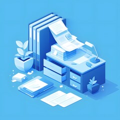 cluttered workspace with a white desk and bright blue background