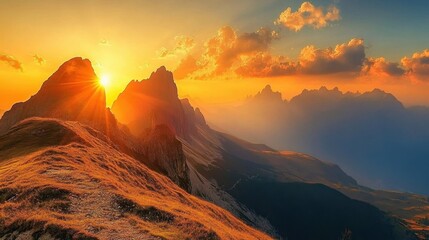 A majestic mountain range under a golden sunset sky, with soft clouds drifting above the peaks