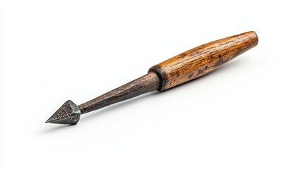 A vintage wood carving tool with a pointed metal tip and a smooth wooden handle, perfect for artisans and craftsmanship.