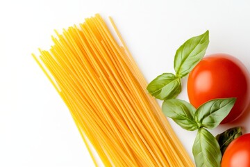 Uncooked spaghetti pasta with fresh tomatoes and basil leaves on minimalistic white background isolated top view gourmet Italian cuisine setup
