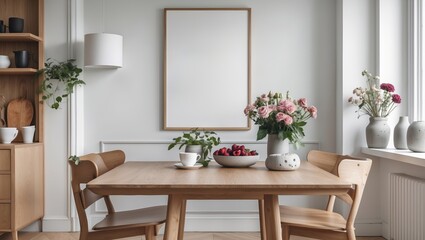 Modern dining area with wooden table, chairs, and floral arrangements in a cozy home setting