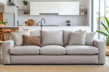 Fototapeta premium Modern light grey sofa in bright minimalist living room.