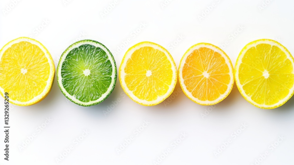 Poster fresh lemon lime and orange slices arranged in a row on white surface citrus fruit composition for n