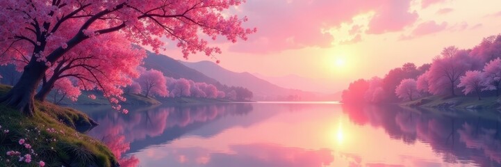 Fototapeta premium Soft pastel sunset over tranquil lake, cherry blossoms falling, cherry blossoms, art