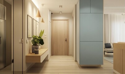 Obraz premium Modern light hallway interior design with wooden floor, light walls, and built-in storage.