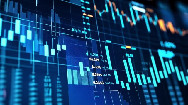 Complex financial data is visualized with vibrant colors and dynamic charts, showcasing market movements and trends in a contemporary trading platform late in the evening