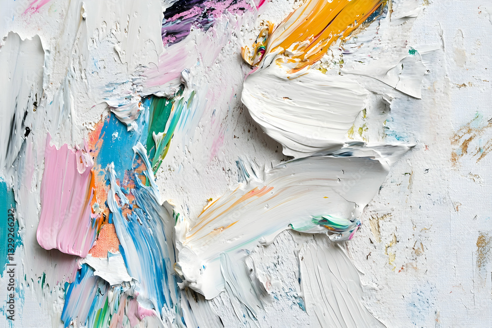 Poster a close-up of colorful paint strokes on a white canvas, creating an abstract background with a palet
