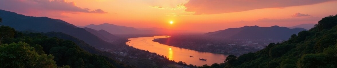 Obraz premium Stunning Mekong River sunset vista from Nong Khai hilltop, beautiful, sky