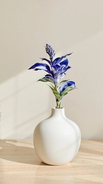 A vase with a blue flower in it sits on a wooden table