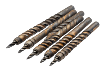 Weathered Masonry Drill Bits, Hinting At Years Of Tireless Work And Construction Projects Completed, Showcasing Their Worn Texture And Metallic Sheen Against A Stark White Backdrop Isolated on Transpa