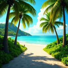 Sun-drenched coastal road, lush palms arching over turquoise sea, sunlight, green foliage